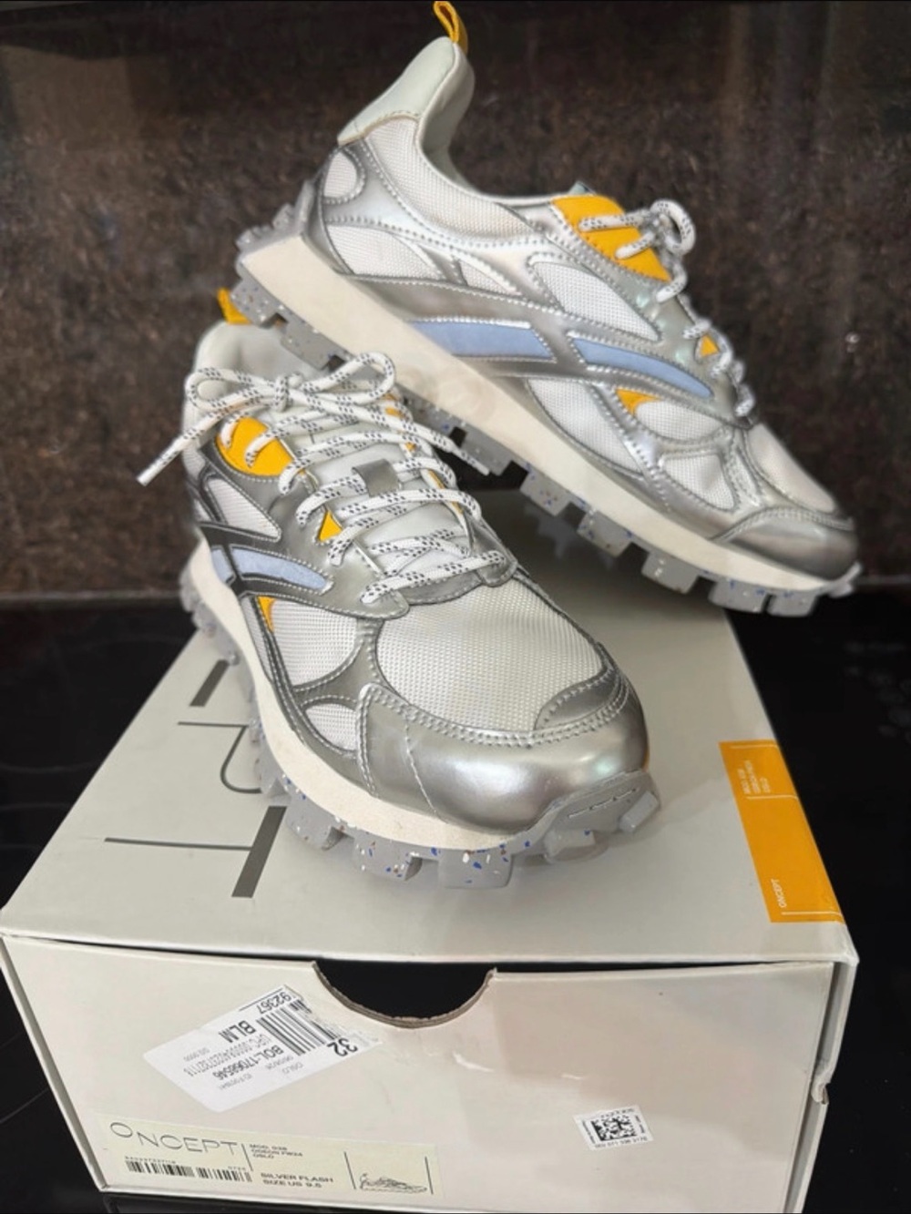 Women’s Metallic Silver Sneakers with Yellow Accents